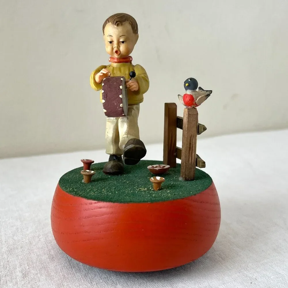 VTG Anri Reuge Rotating Music Box Boy/Bird Plays The Little Drummer Boy WORKING